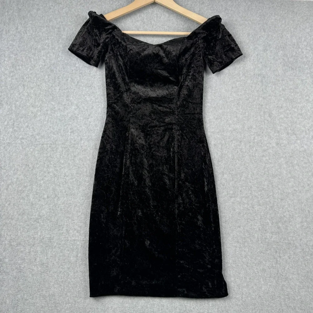 VTG All That Jazz Dress Womens Small Black Crushed Velvet Off Shoulder 90s LBD